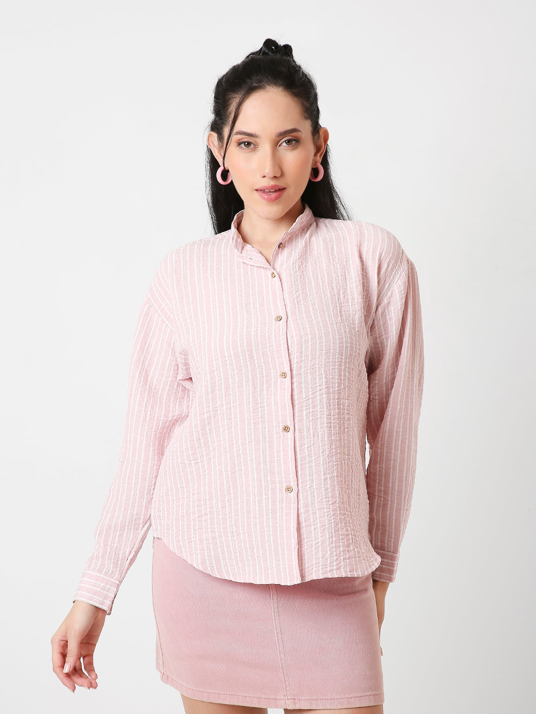 CLASSIC MANDARIN COLLAR STRIPE LINEN BLEND SHIRT