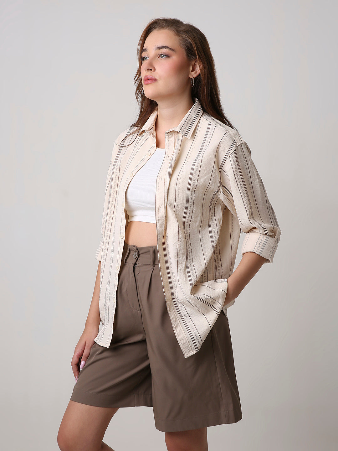 Cream Textured Stripe Oversized Shirt