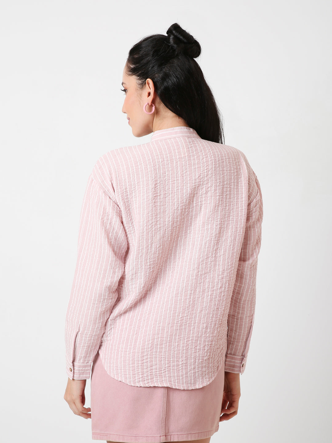 CLASSIC MANDARIN COLLAR STRIPE LINEN BLEND SHIRT