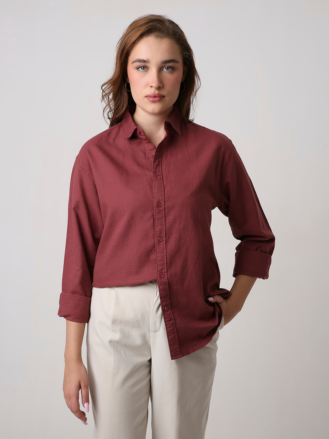 Clay Red Solid Oversized Casual Shirt