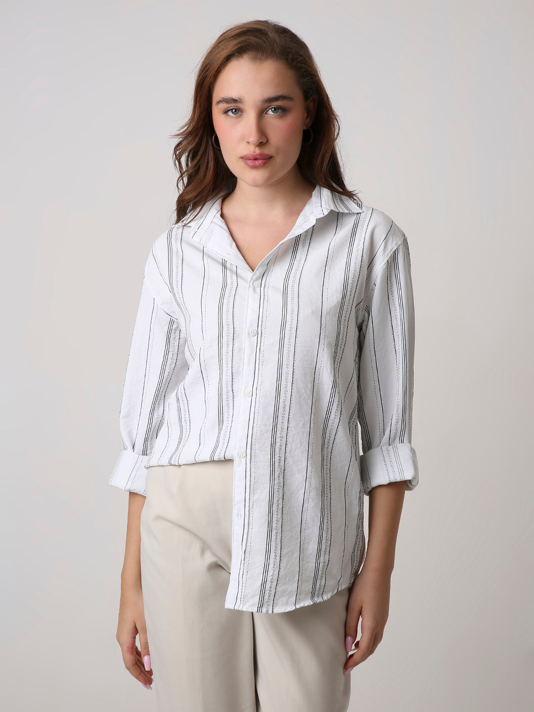 White Textured Stripe Oversized Shirt