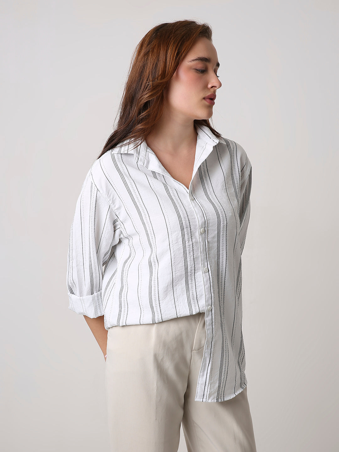 White Textured Stripe Oversized Shirt