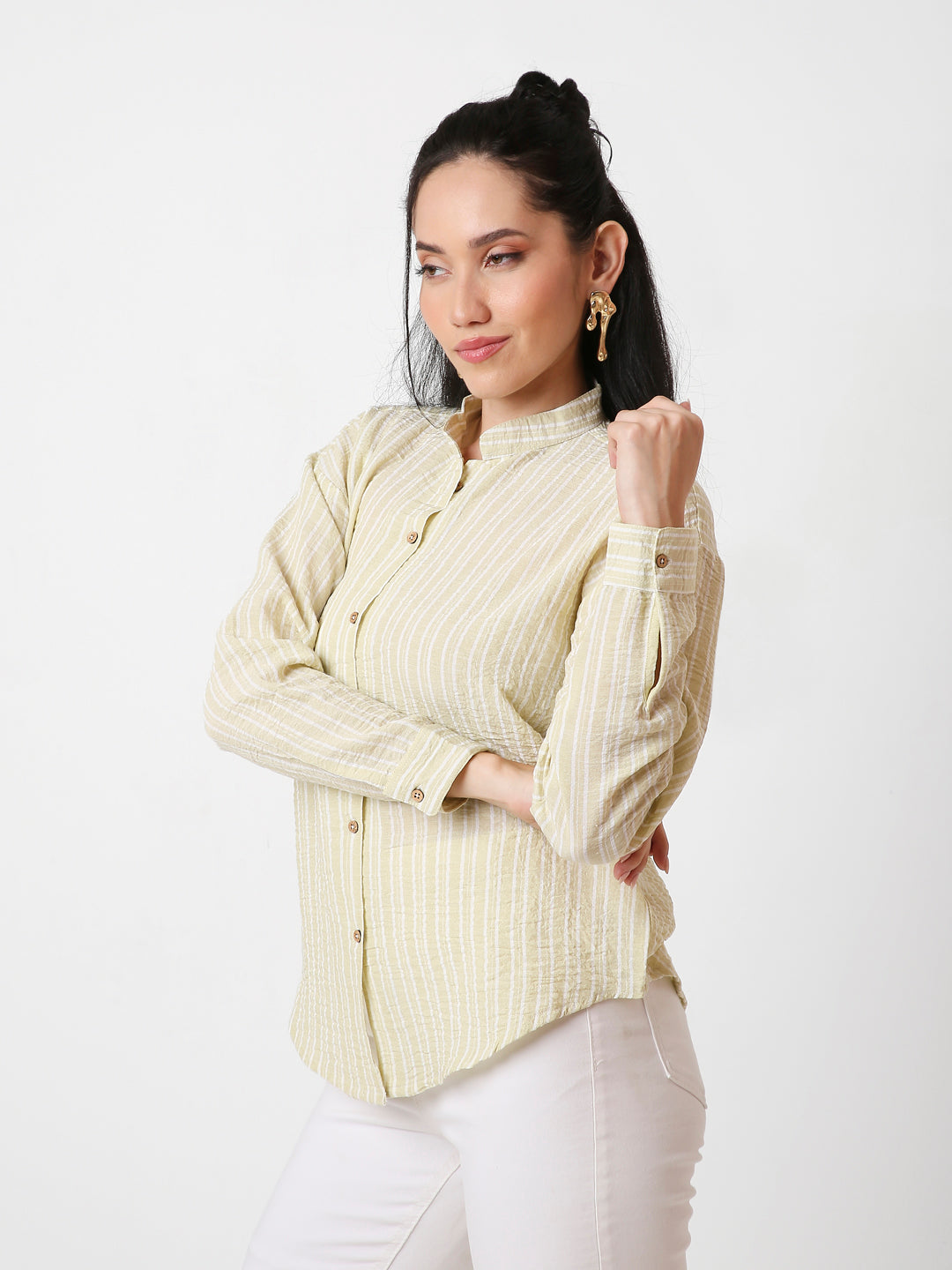 YELLOW MANDARIN COLLAR STRIPE SHIRT