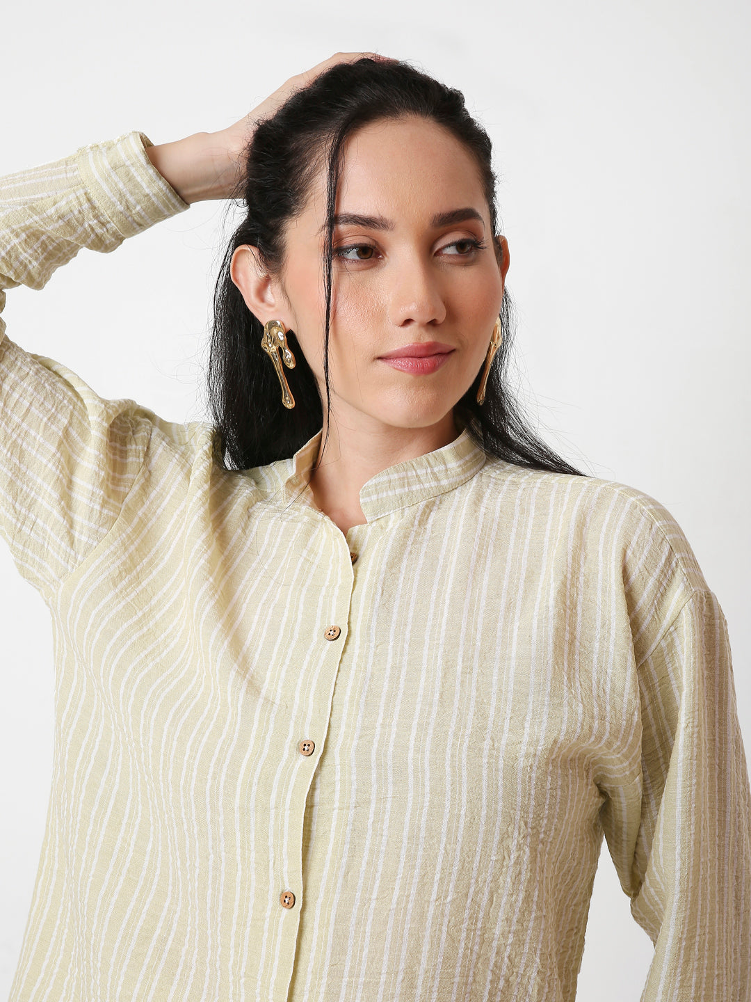 CLASSIC MANDARIN COLLAR STRIPE LINEN BLEND SHIRT