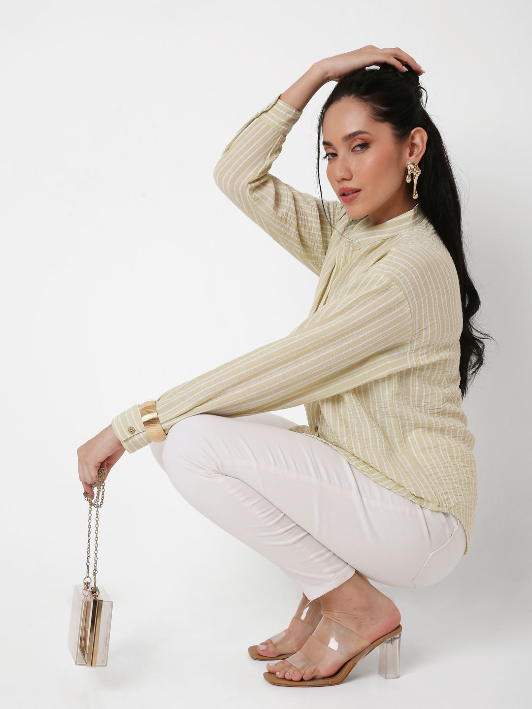 CLASSIC MANDARIN COLLAR STRIPE LINEN BLEND SHIRT