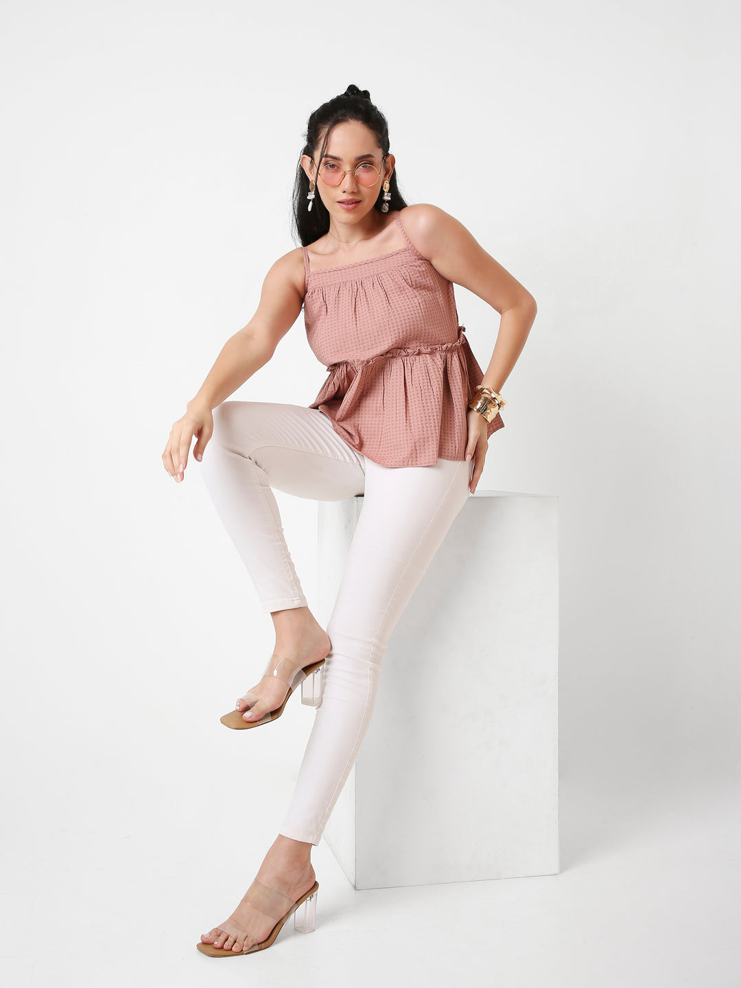 TEXTURED PATTERN SPAGHETTI STRAP LAYERED TOP