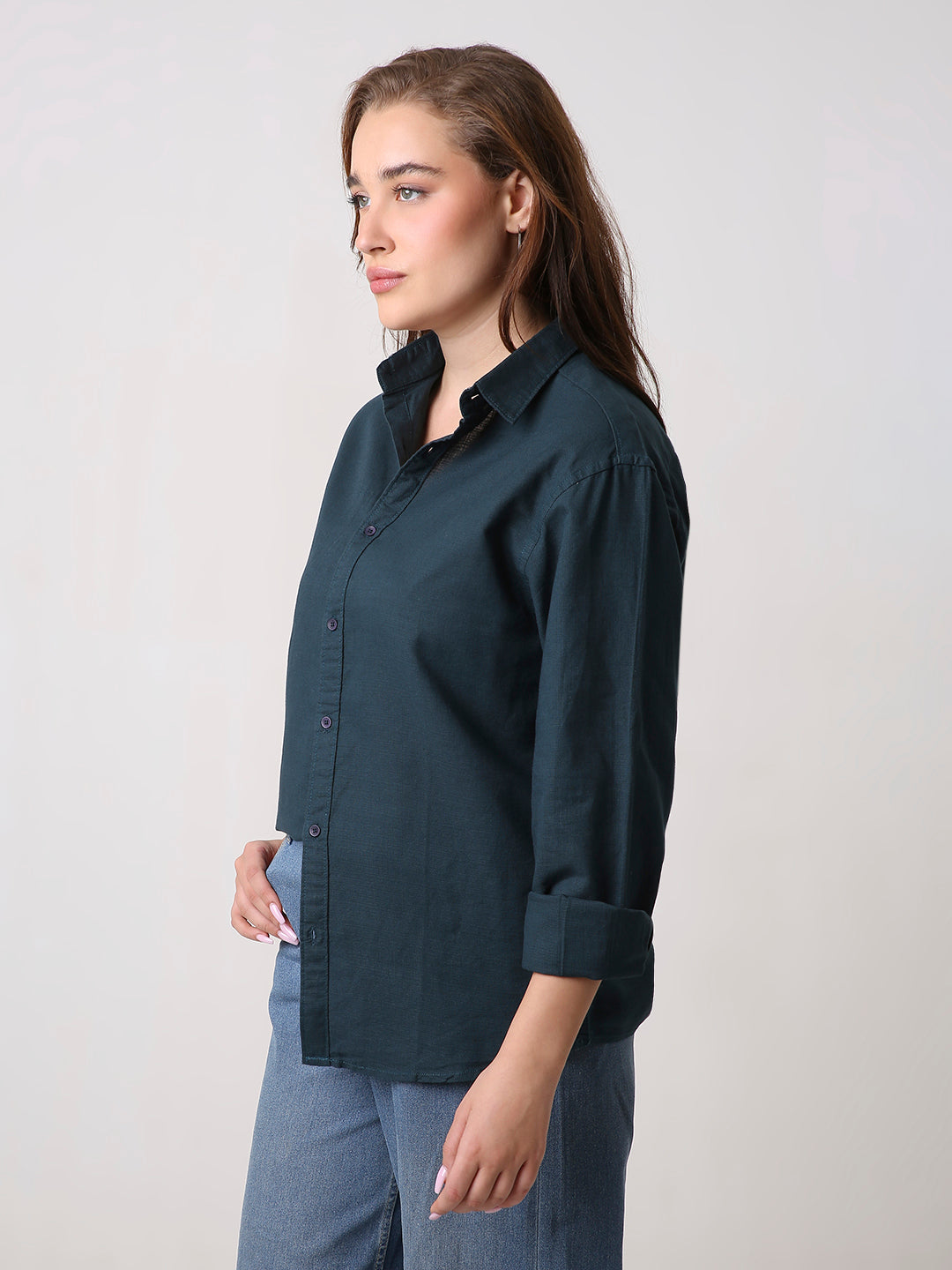 Dark Teal Solid Oversized Casual Shirt