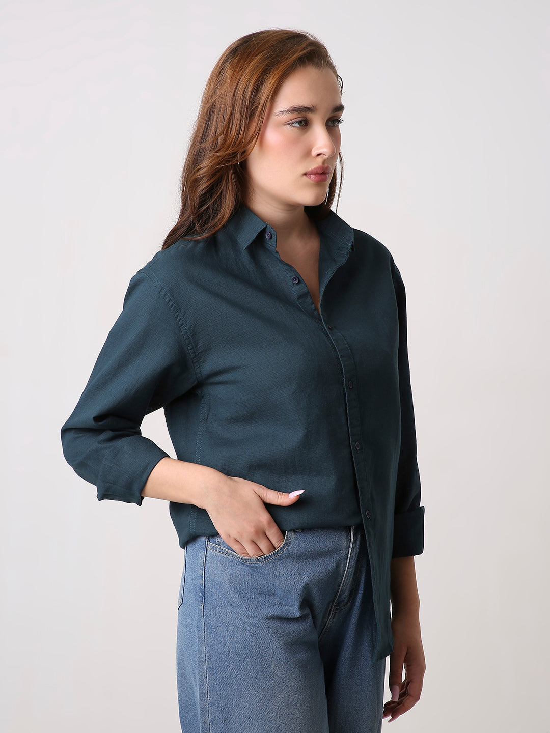 Dark Teal Solid Oversized Casual Shirt