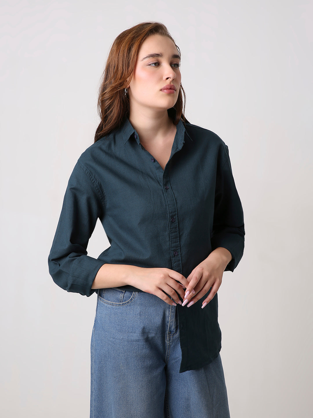 Dark Teal Solid Oversized Casual Shirt