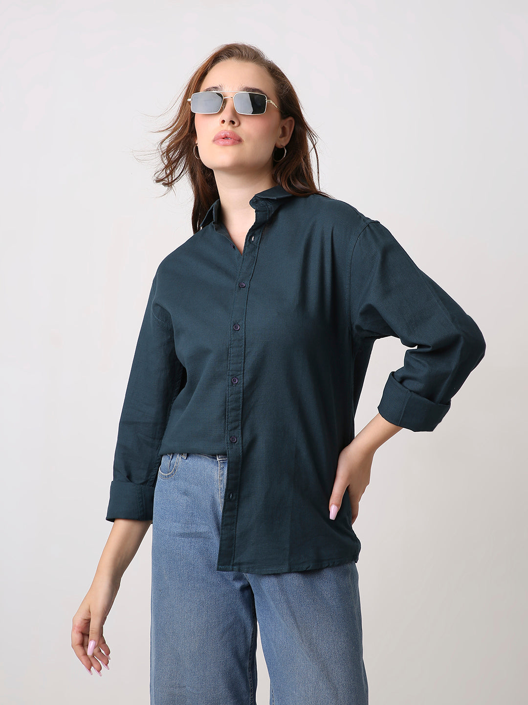 Dark Teal Solid Oversized Casual Shirt