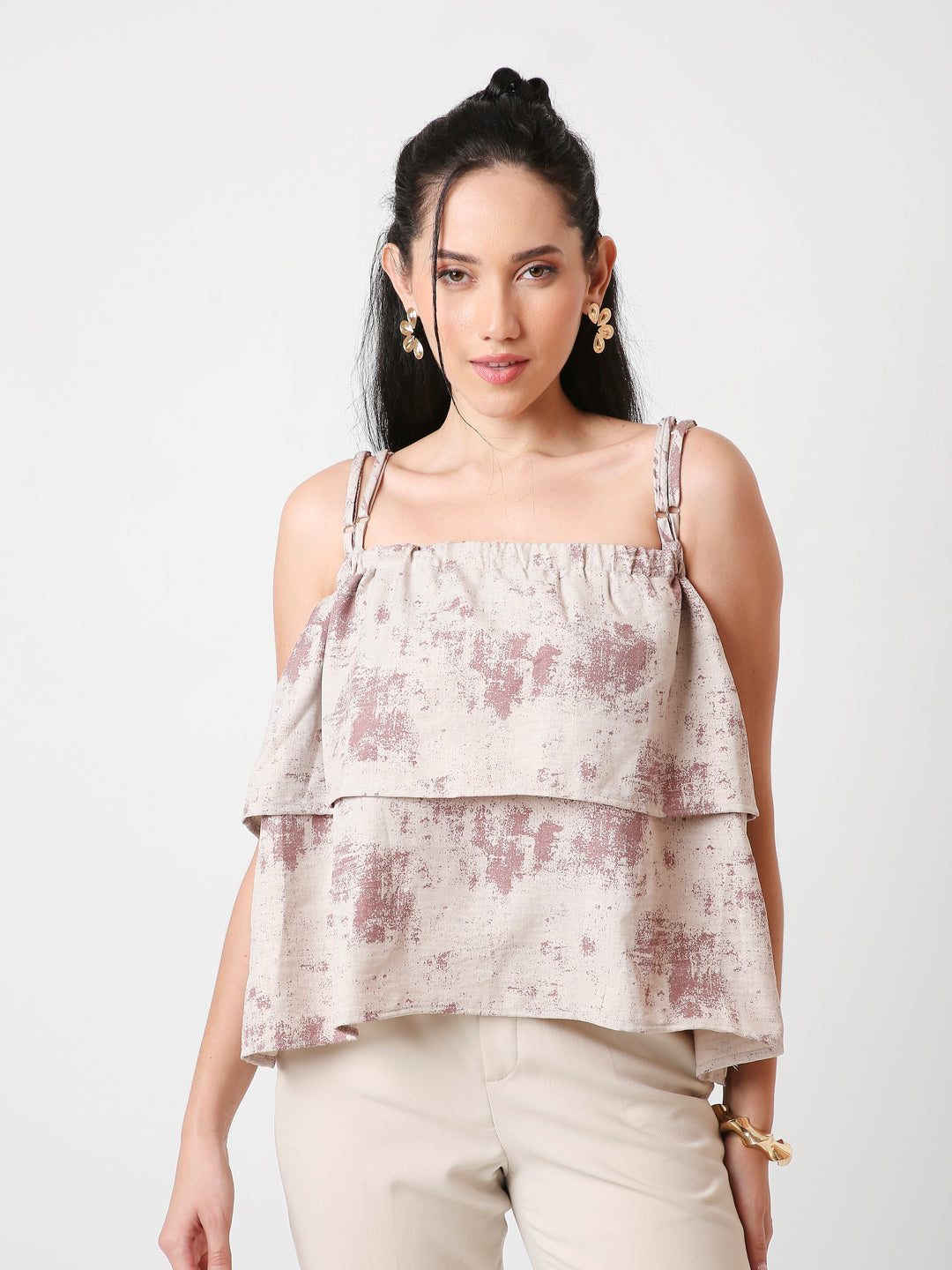 PRINTED DOUBLE STRAP LAYERED TOP