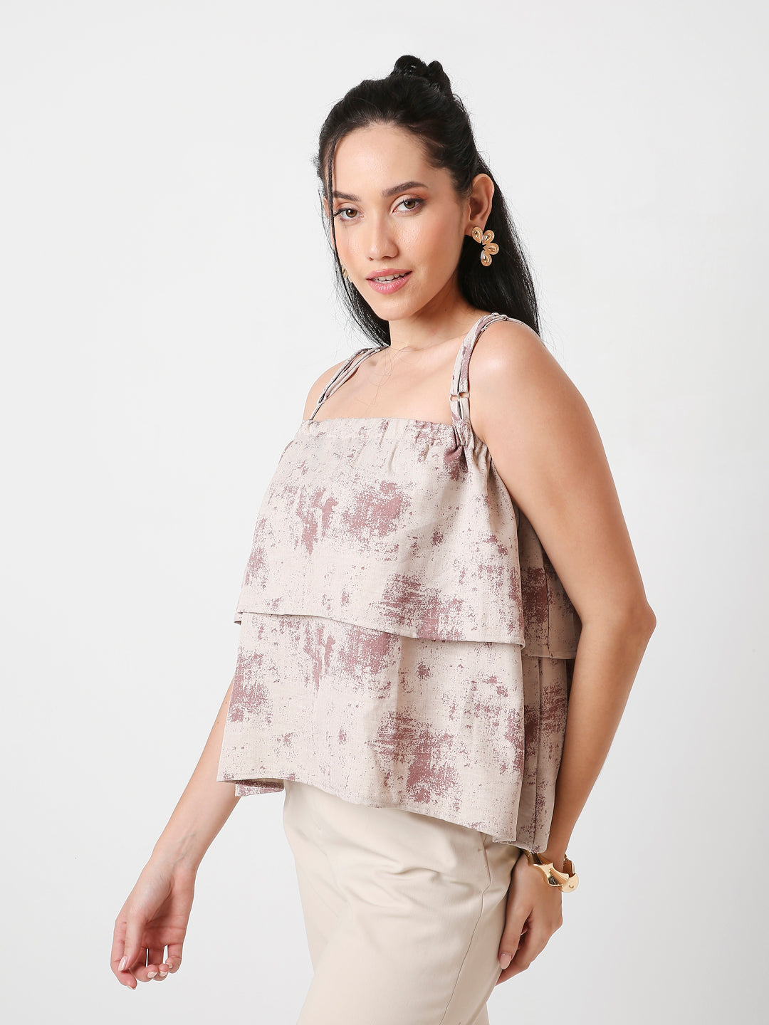 PRINTED PATTERN DOUBLE STRAP LAYERED TOP