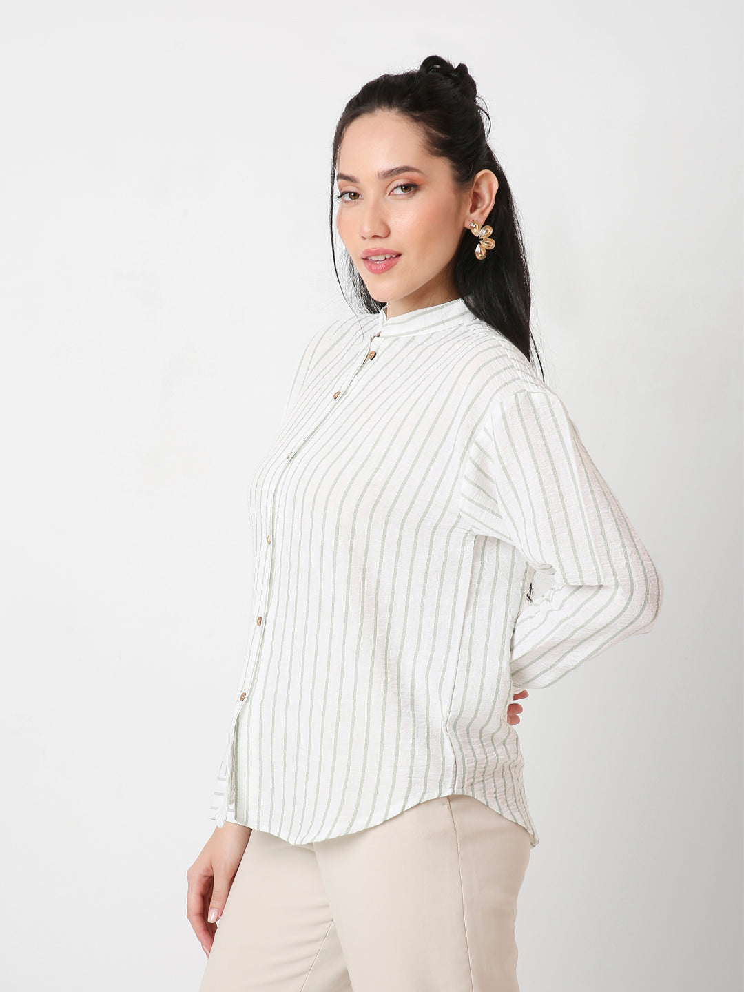 GREEN MANDARIN COLLAR STRIPE SHIRT