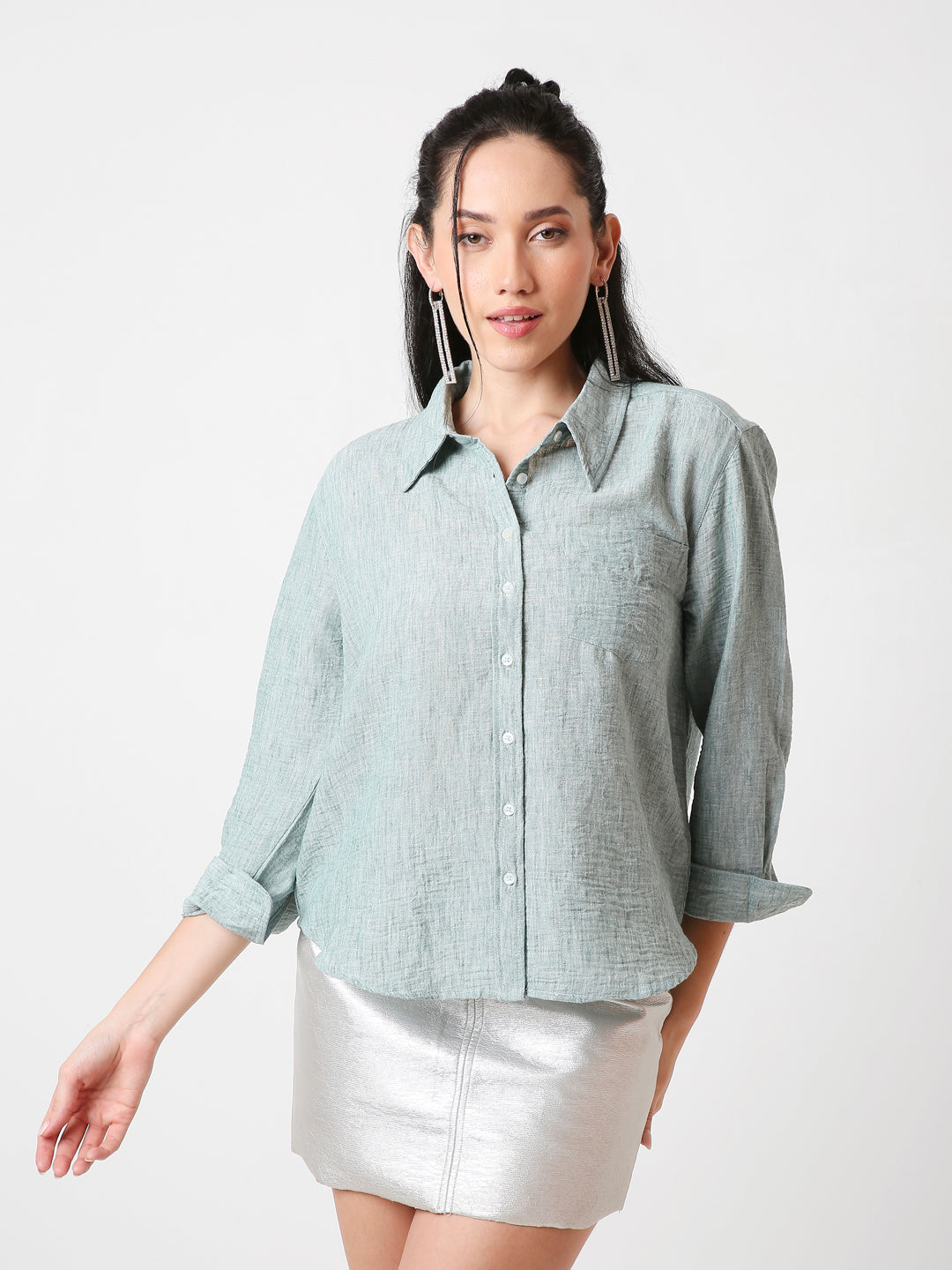 GREEN LINEN BLEND BUTTON-DOWN SHIRT