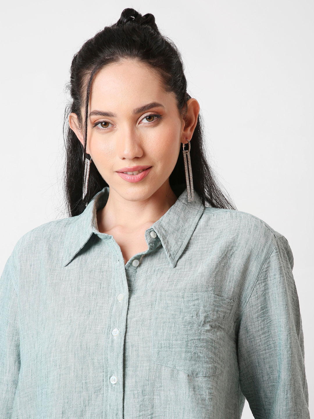 GREEN LINEN BLEND BUTTON-DOWN SHIRT