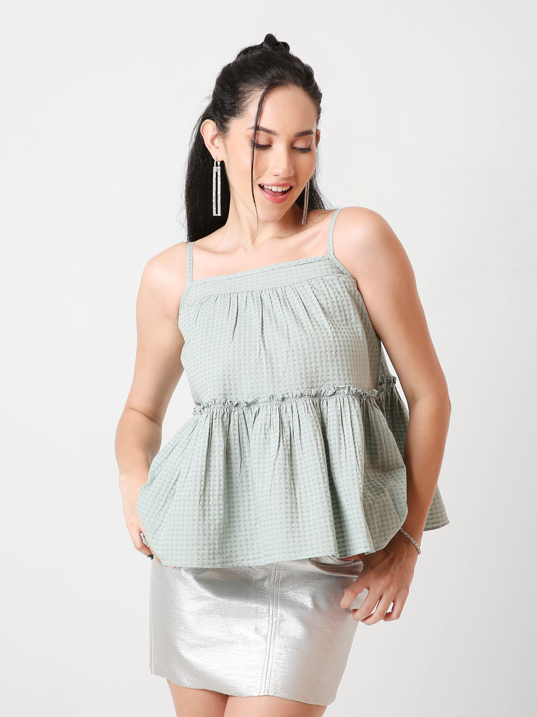 GREEN TEXTURED SPAGHETTI STRAP LAYERED TOP