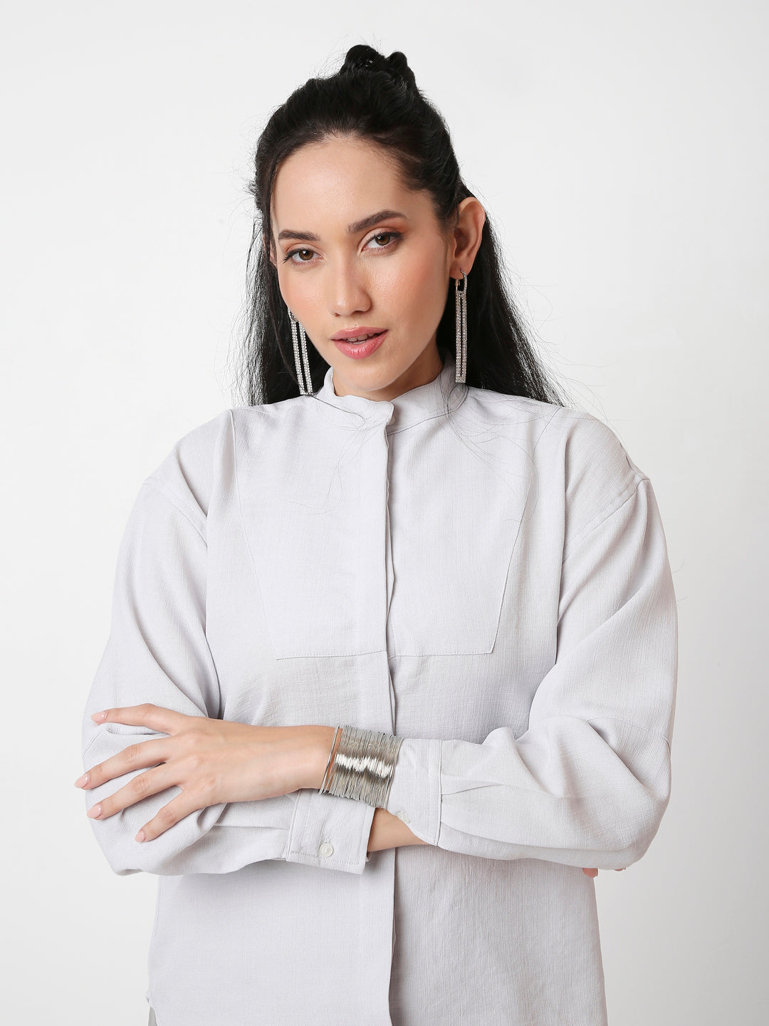 LIGHT GREY MANDARIN COLLAR SHIRT