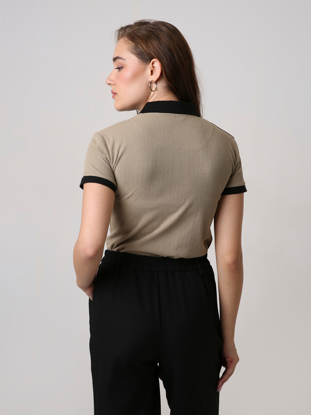 Beige Textured Zip Polo T-Shirt