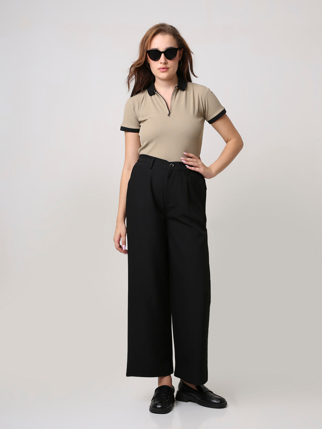 Beige Textured Zip Polo T-Shirt