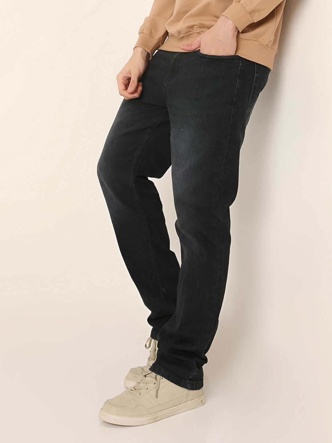 Black Washed Straight Fit Stretch Denim Jeans
