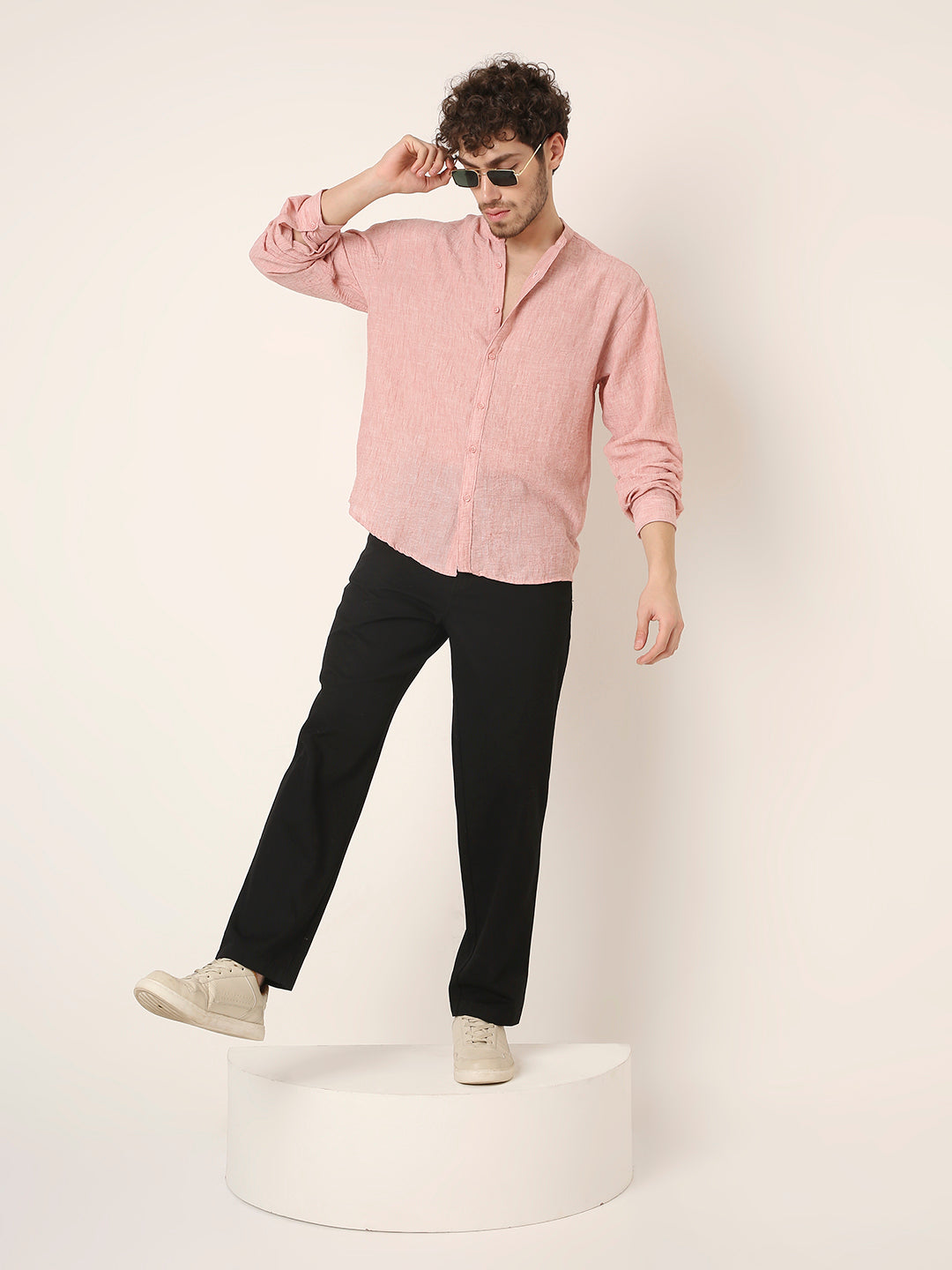 PREMIUM LINEN BLEND Textured Mandarin Collar Casual Shirt