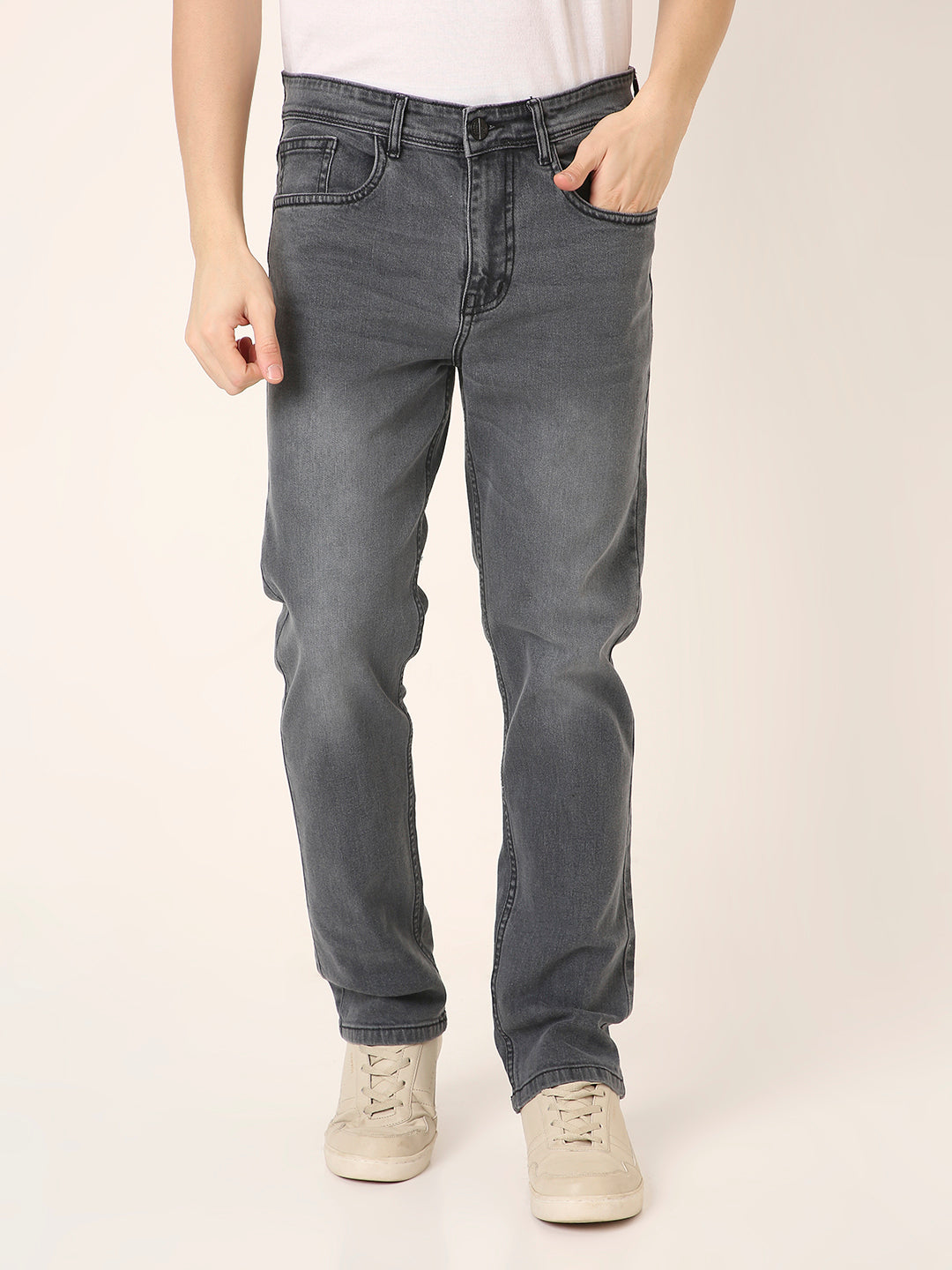 Charcoal Grey Straight Fit Stretch Denim Jeans
