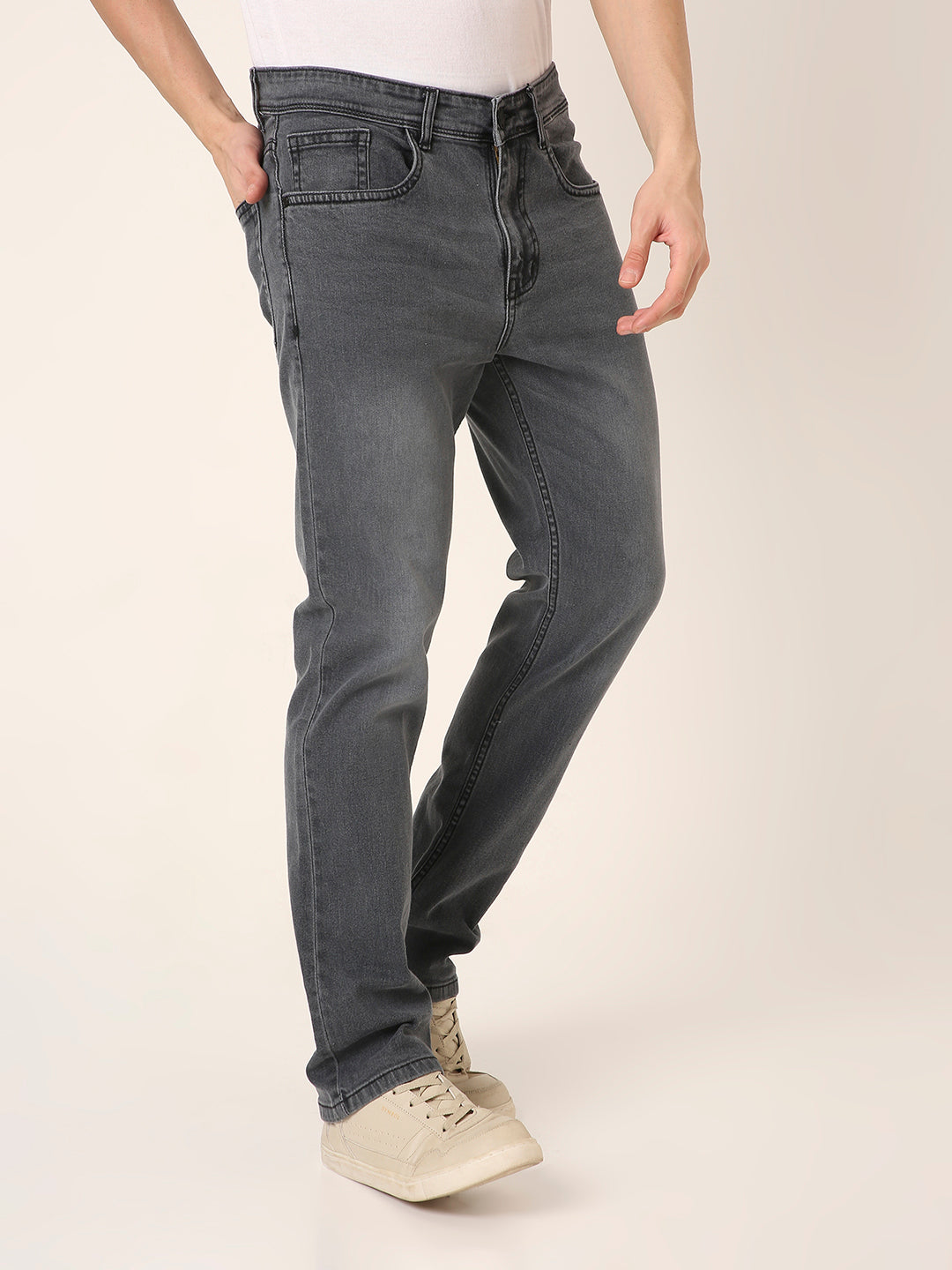 Charcoal Grey Straight Fit Stretch Denim Jeans