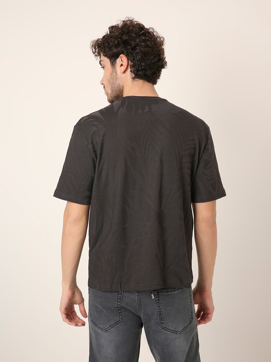 charcoal Jacquard Leaf Print Casual T-Shirt