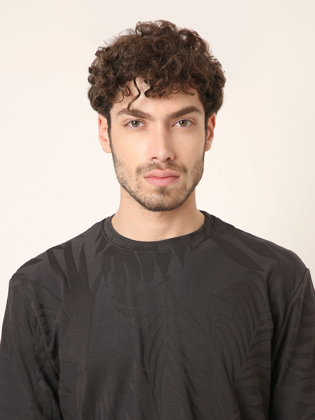 charcoal Jacquard Leaf Print Casual T-Shirt