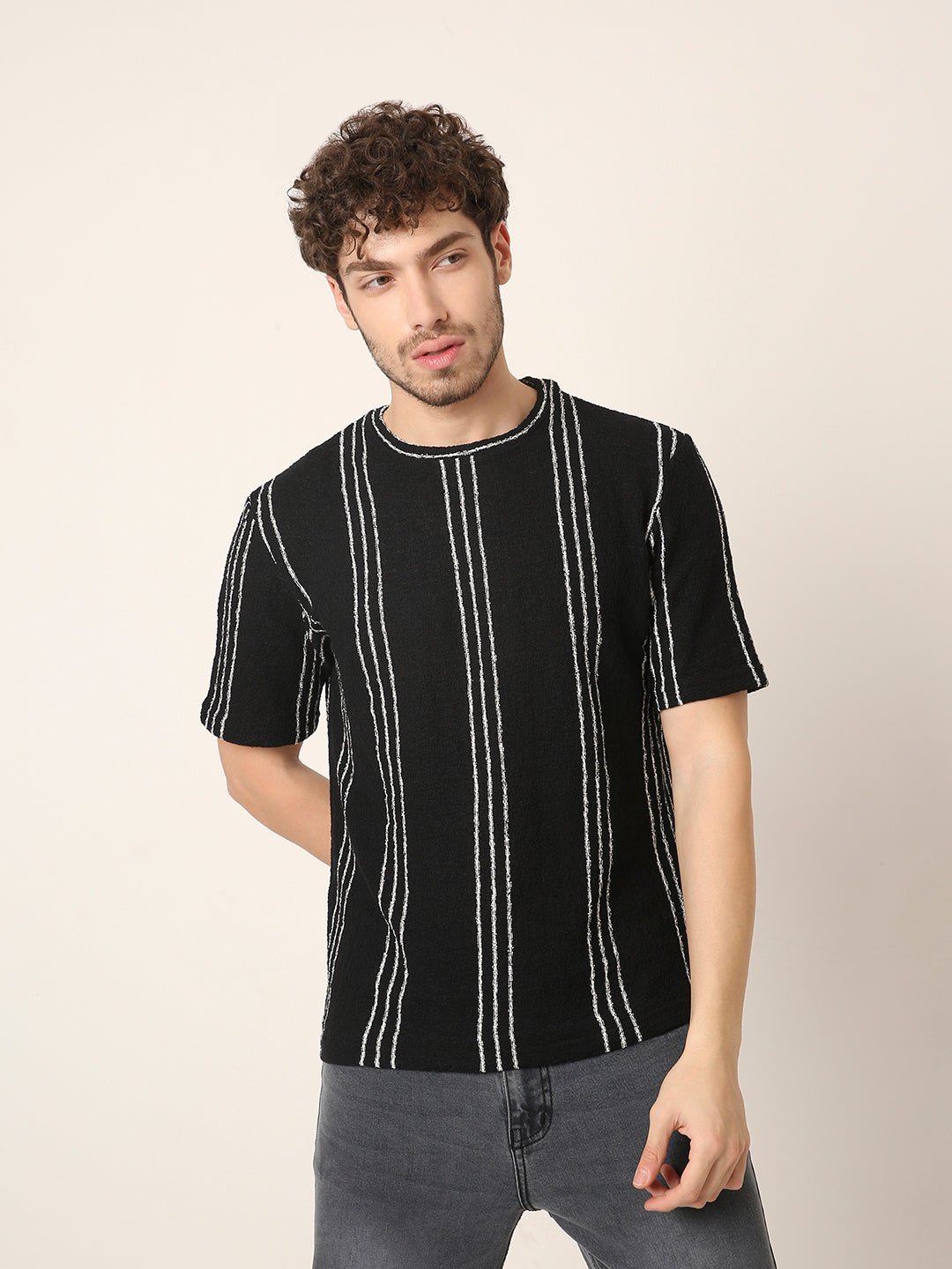Black Vertical Stripe Textured Casual T-Shirt