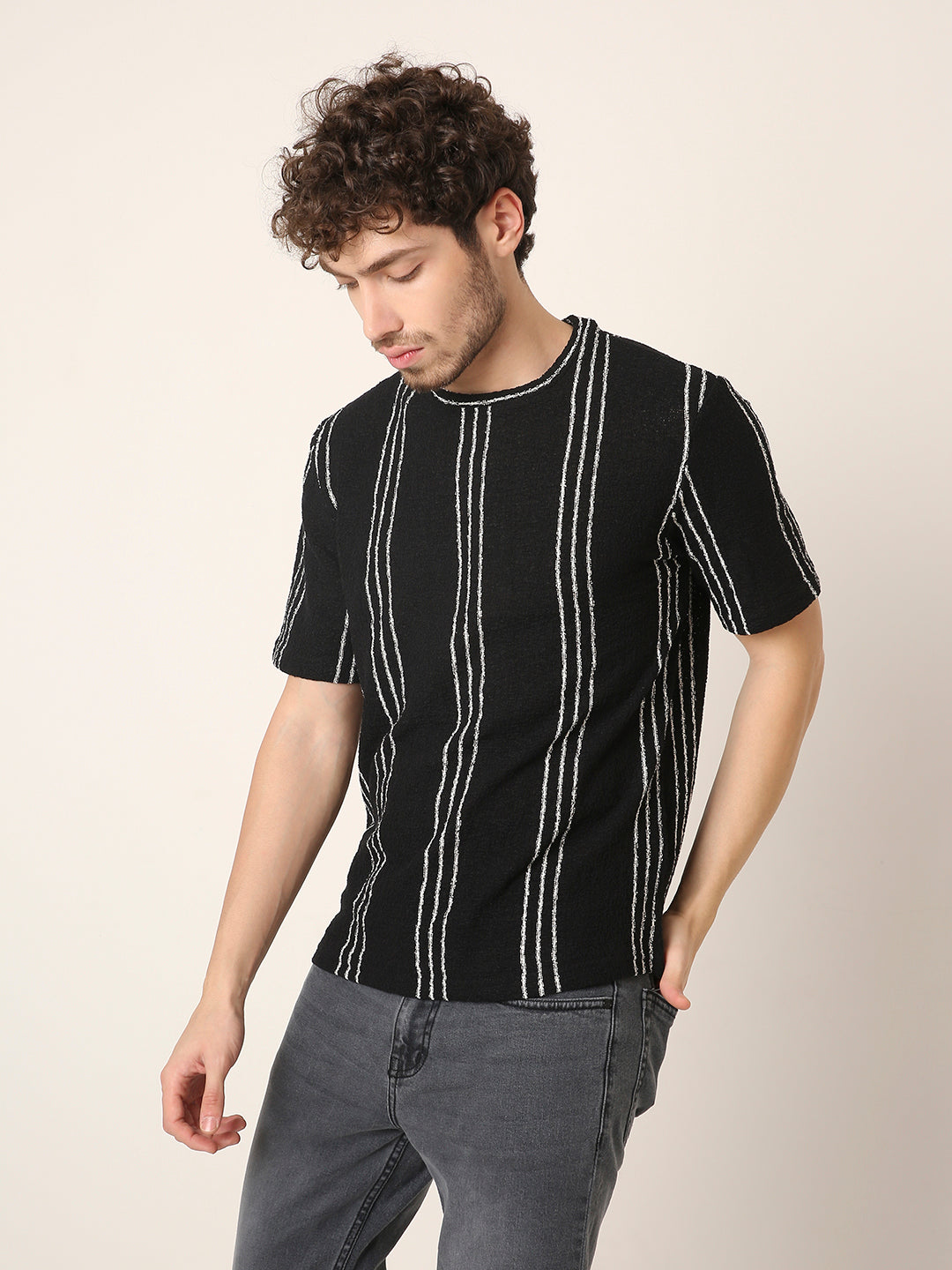 Black Vertical Stripe Textured Casual T-Shirt