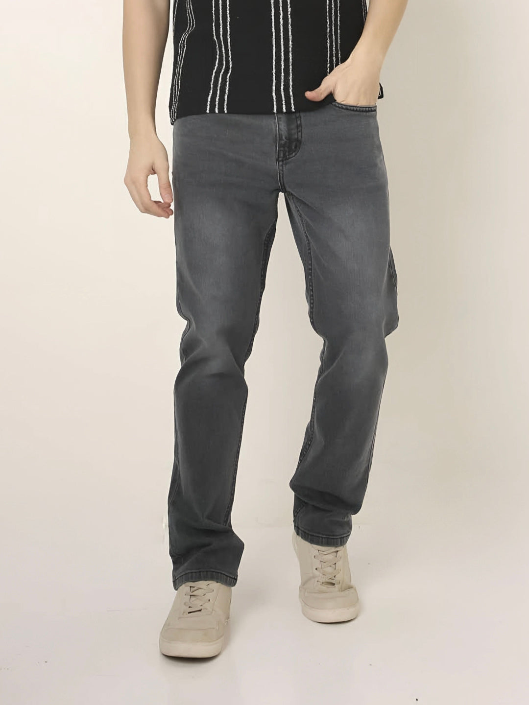 Charcoal Grey Straight Fit Stretch Denim Jeans