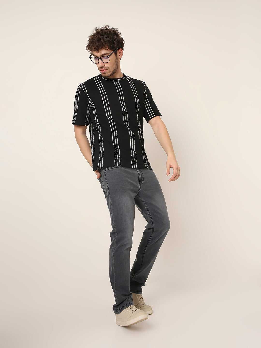 Black Vertical Stripe Textured Casual T-Shirt