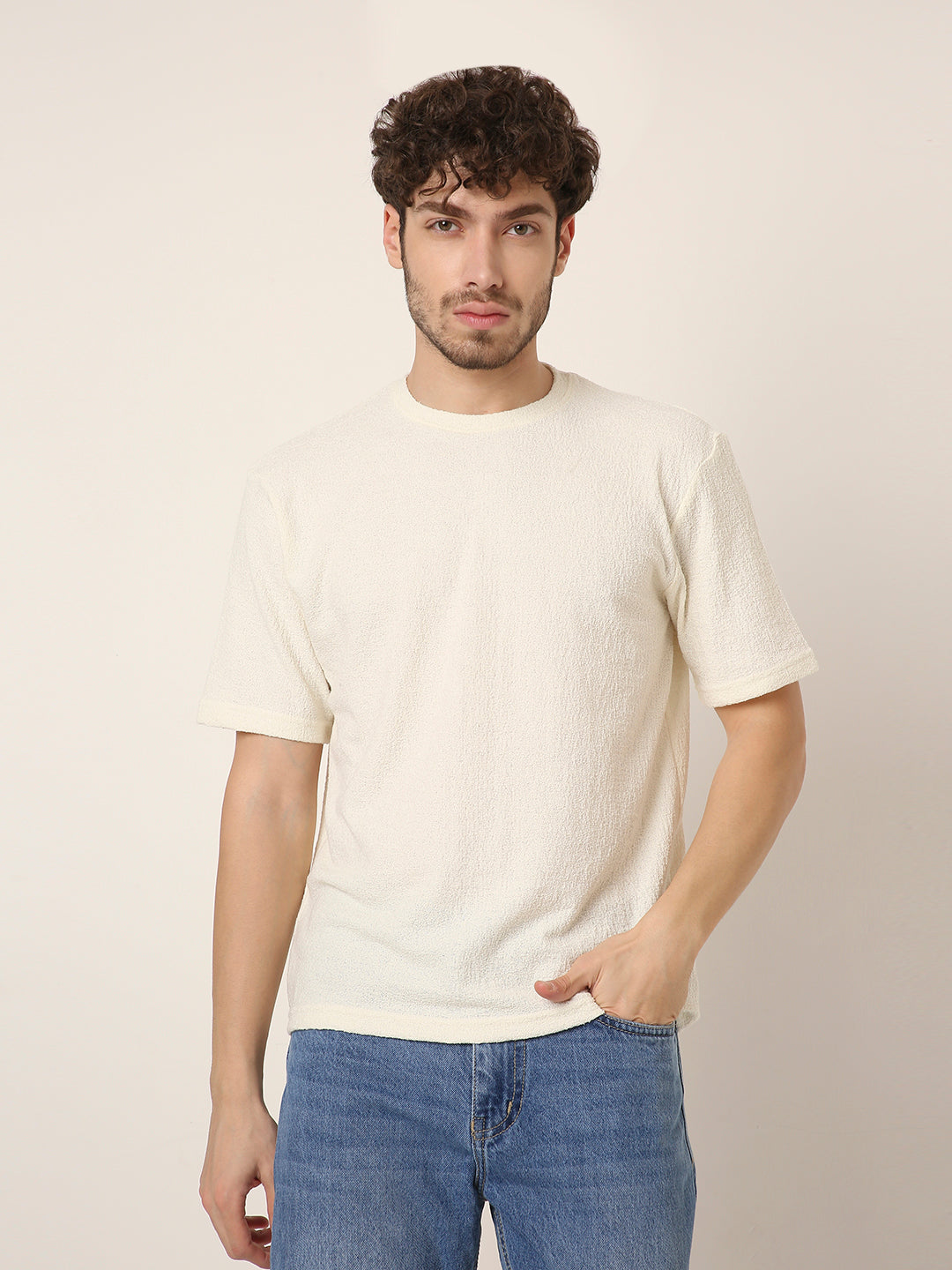 Off-White Textured Casual T-Shirt