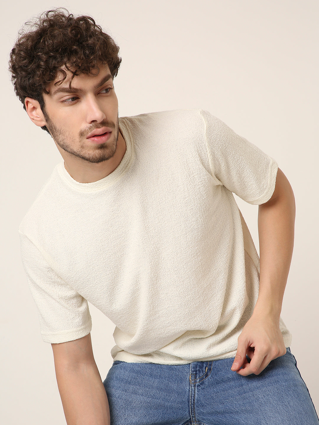 Off-White Textured Casual T-Shirt