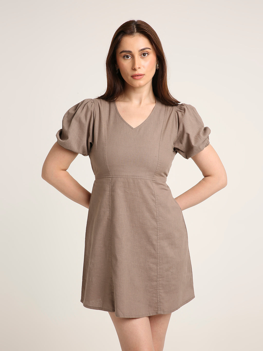 Light Brown Solid Puff Sleeve V-Neck Fit & Flare Dress