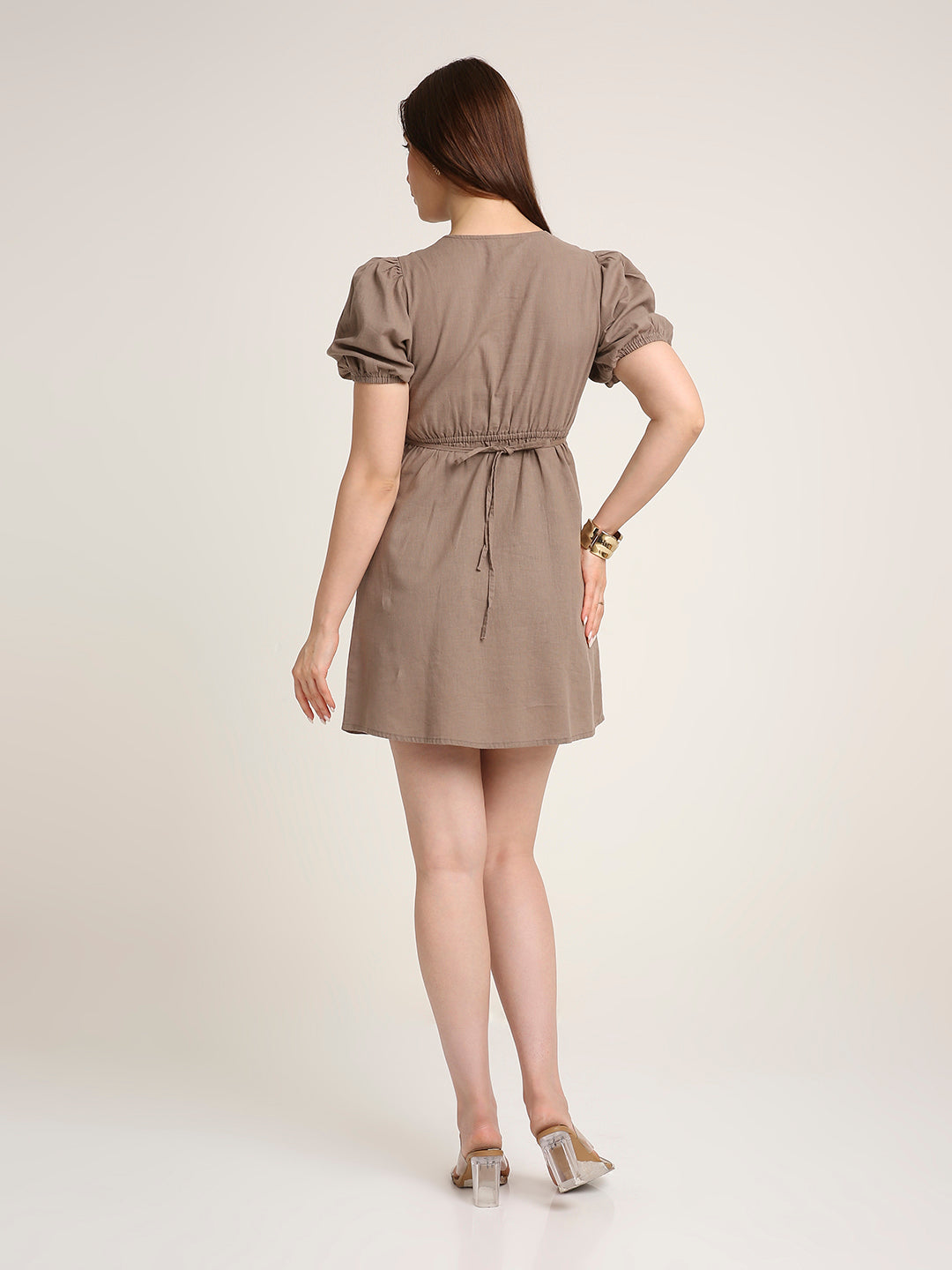 Light Brown Solid Puff Sleeve V-Neck Fit & Flare Dress