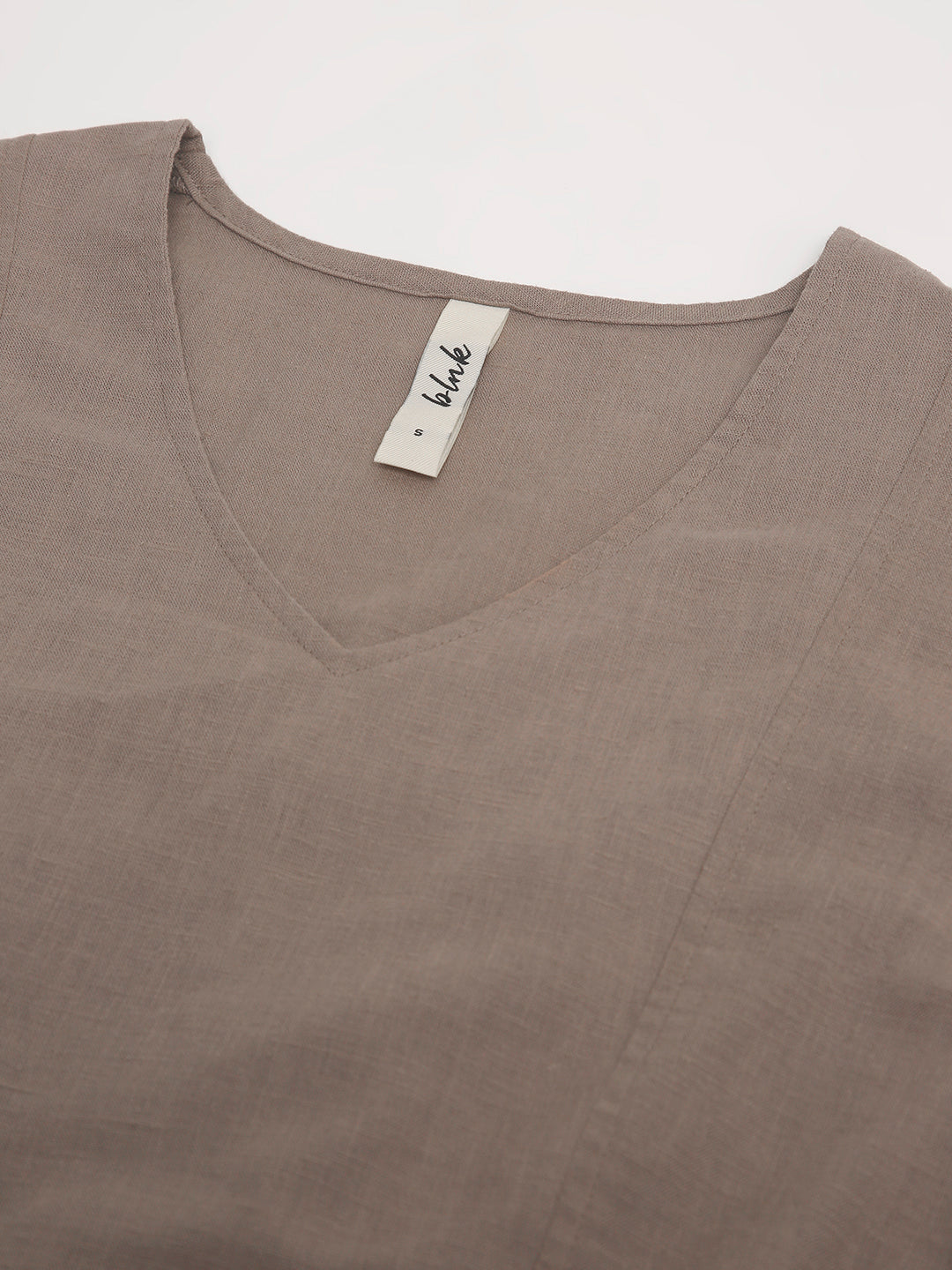 Light Brown Solid Puff Sleeve V-Neck Fit & Flare Dress