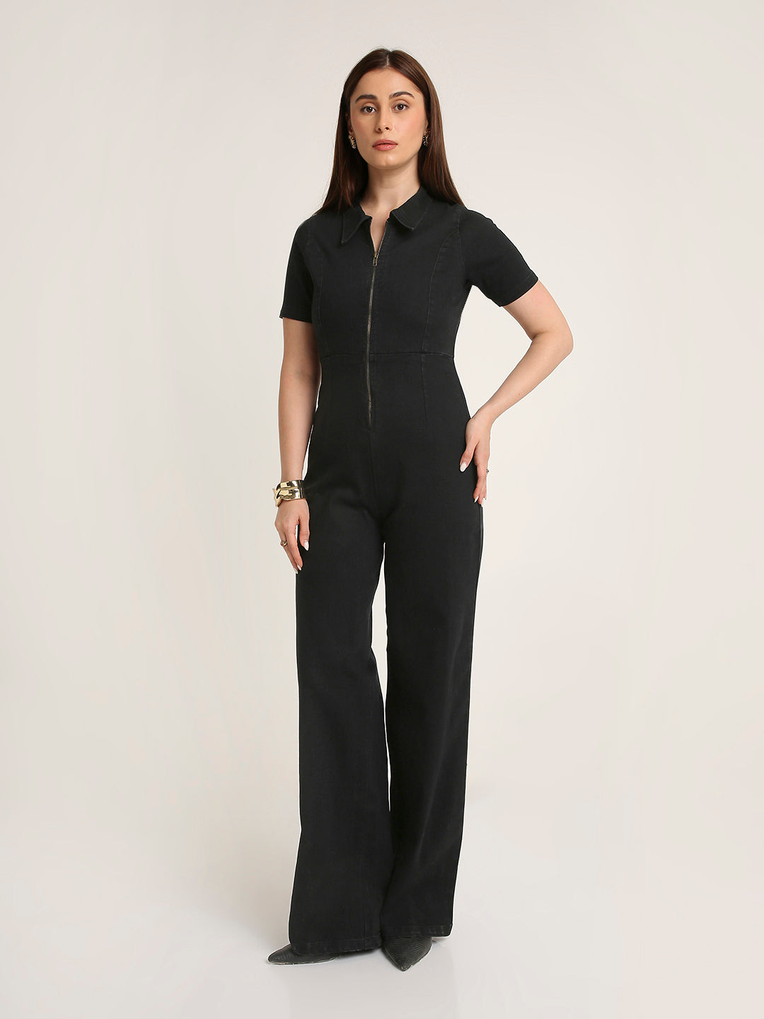 Black Solid Denim Collared Front Zip Wide-Leg Jumpsuit