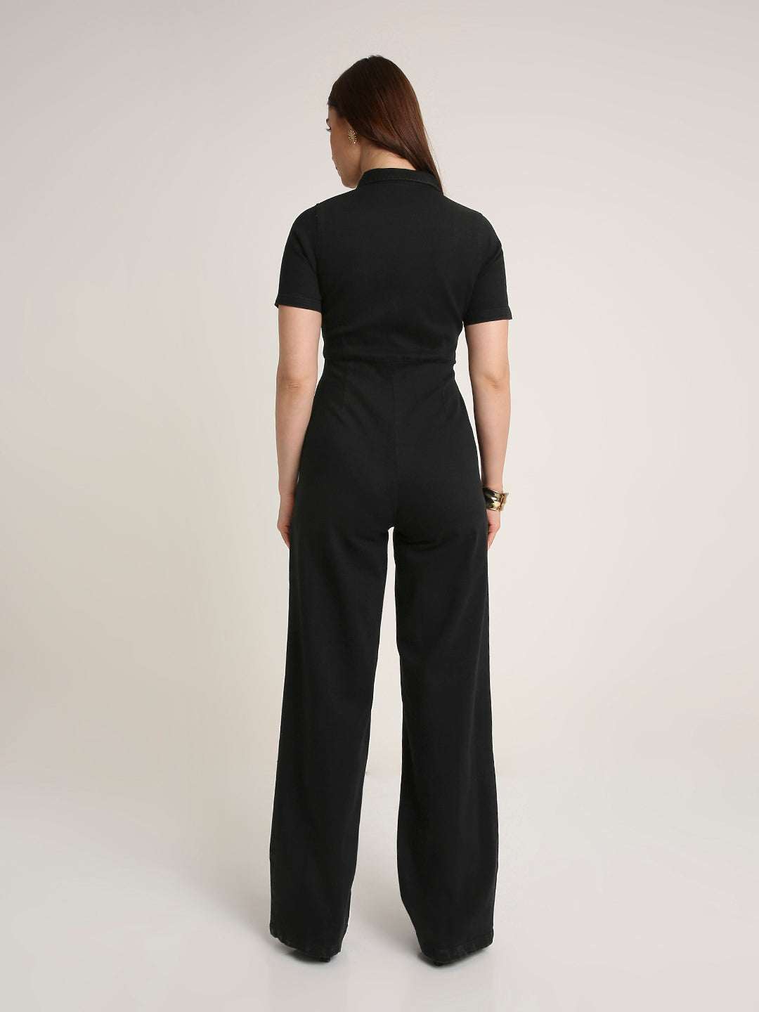 Black Solid Denim Collared Front Zip Wide-Leg Jumpsuit