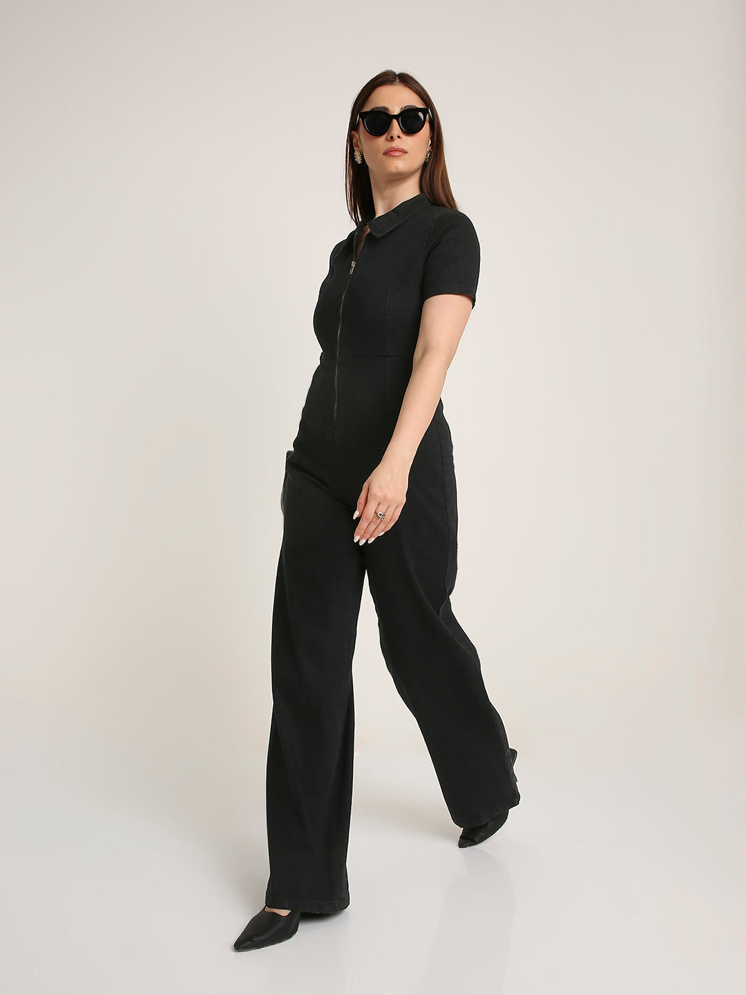 Black Solid Denim Collared Front Zip Wide-Leg Jumpsuit