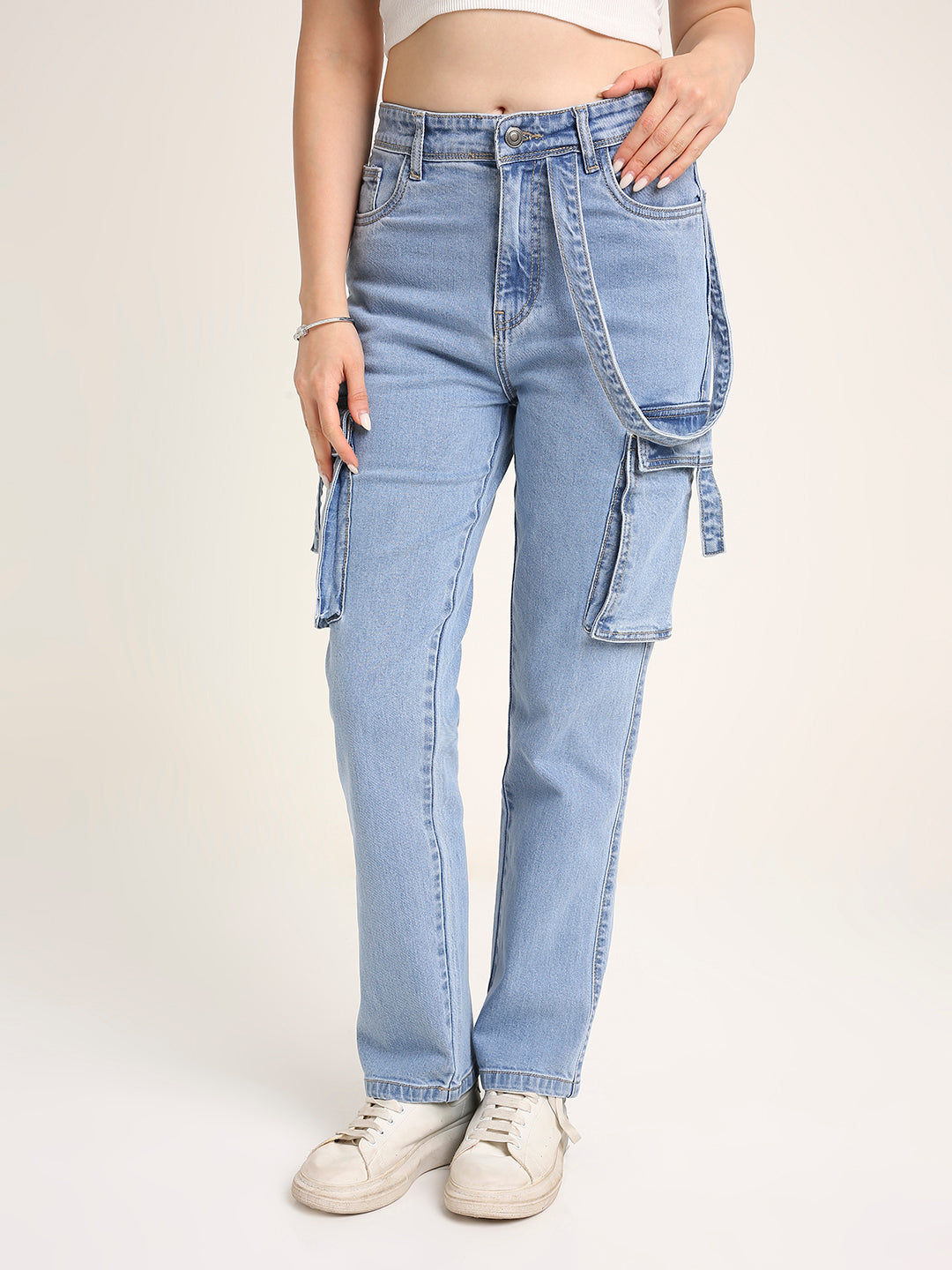 Light Blue Straight Fit Cargo Denim