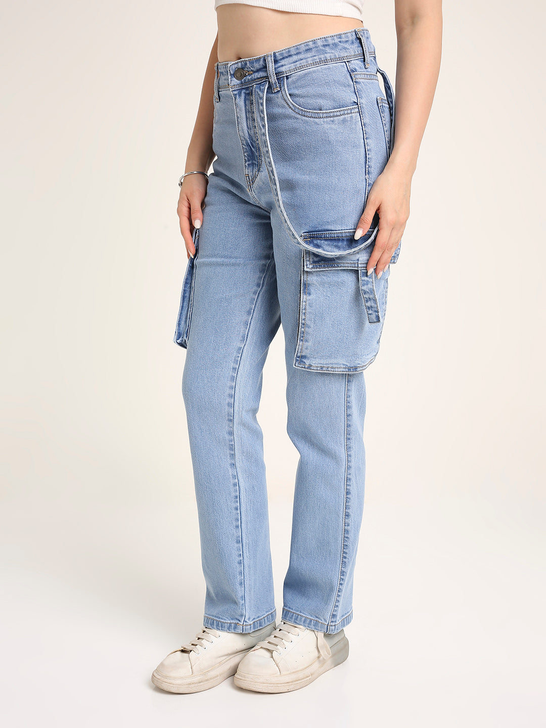Light Blue Straight Fit Cargo Denim