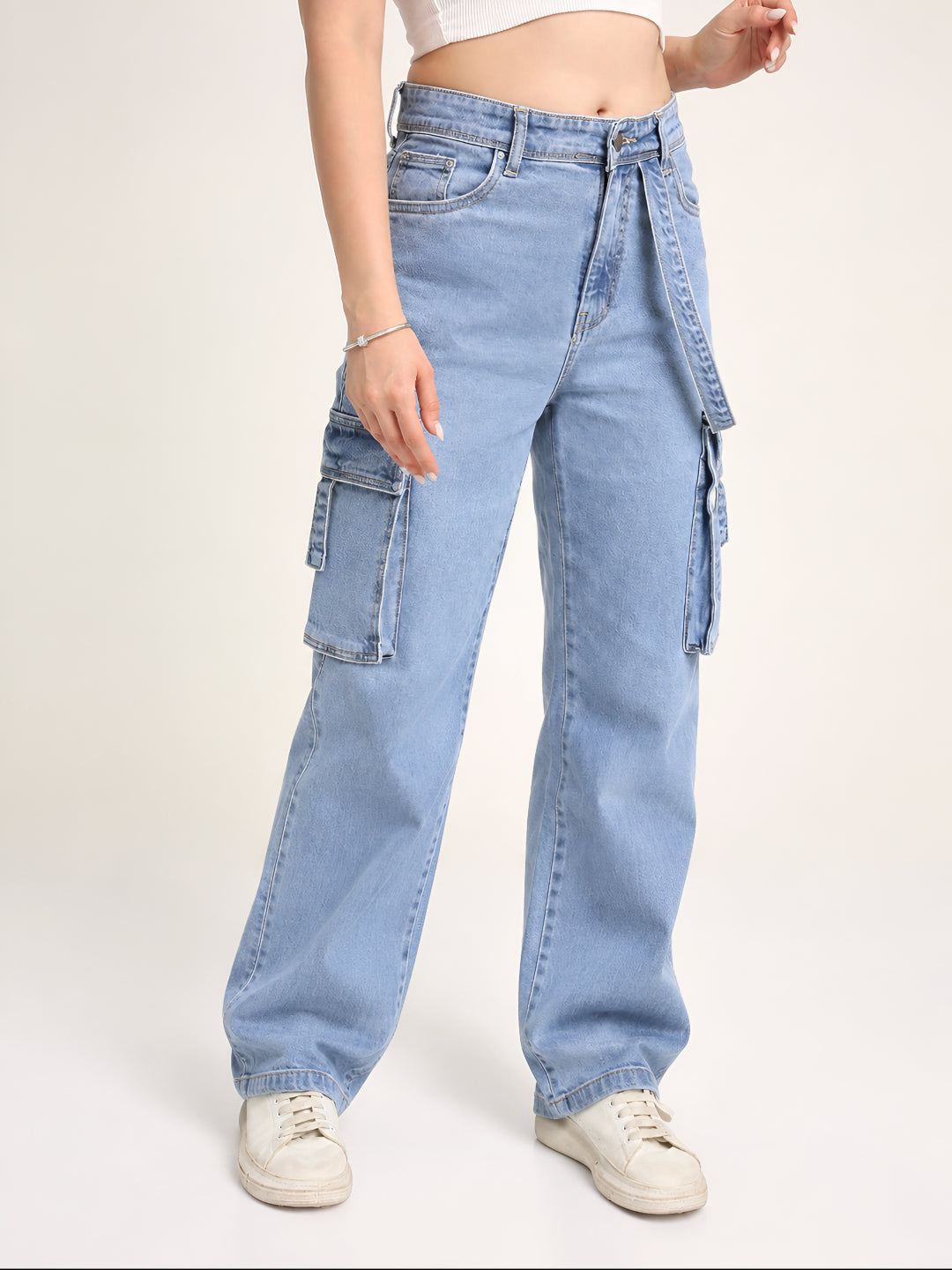 Light Blue Straight Fit Cargo Denim