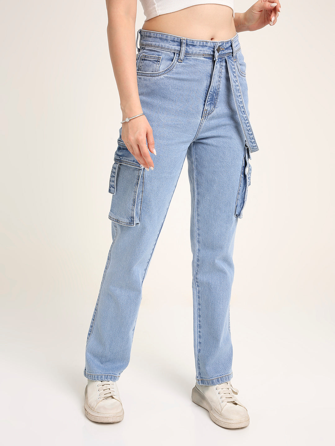 Light Blue Straight Fit Cargo Denim