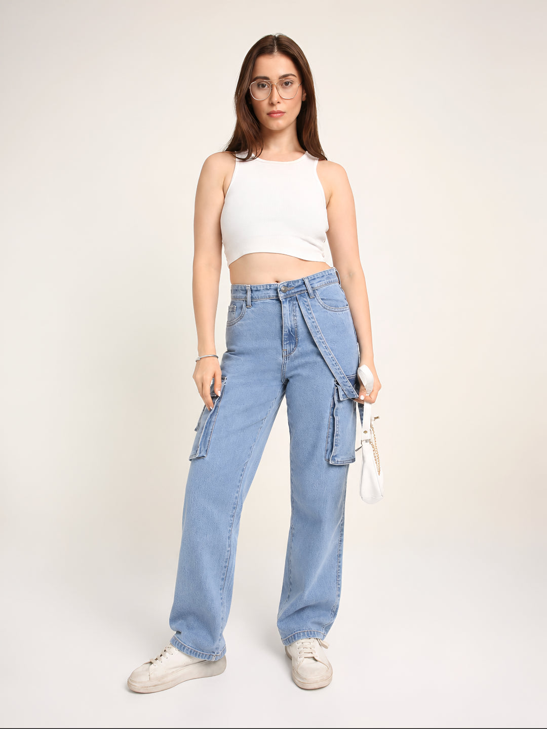 Light Blue Straight Fit Cargo Denim