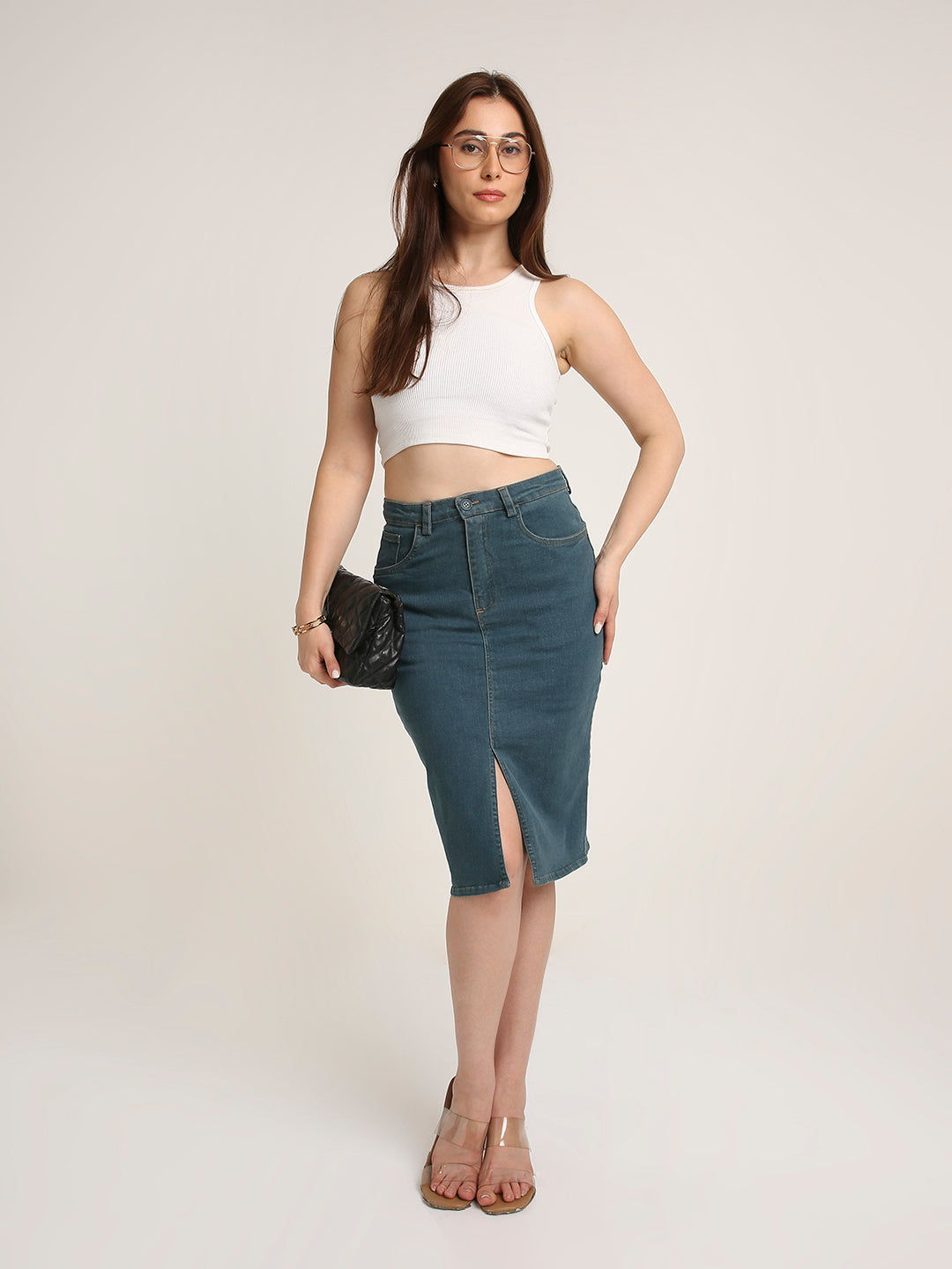 Denim Pencil Midi Skirt with Front Slit
