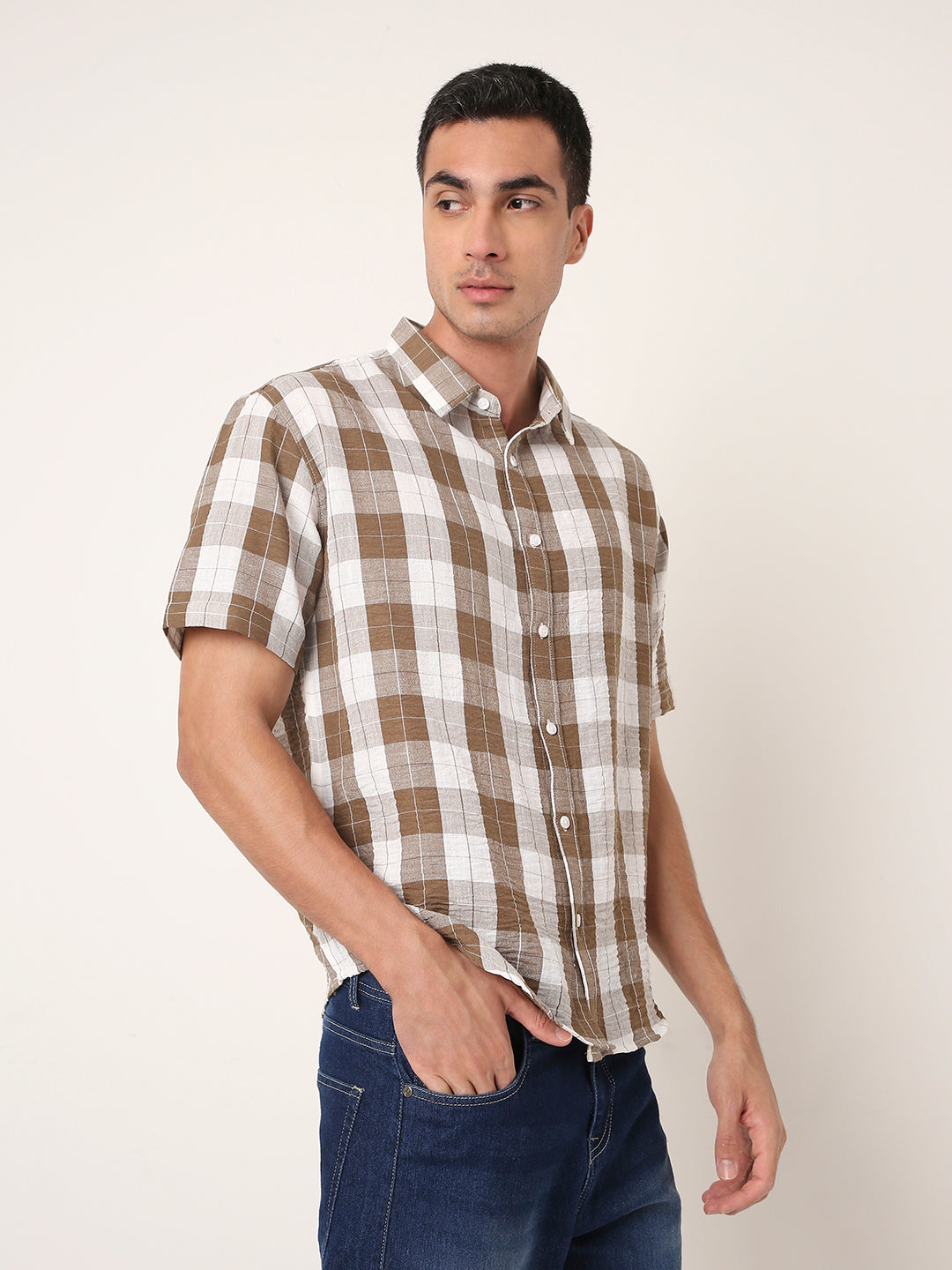 BROWN Checkered Short Sleeve Casual Shirt