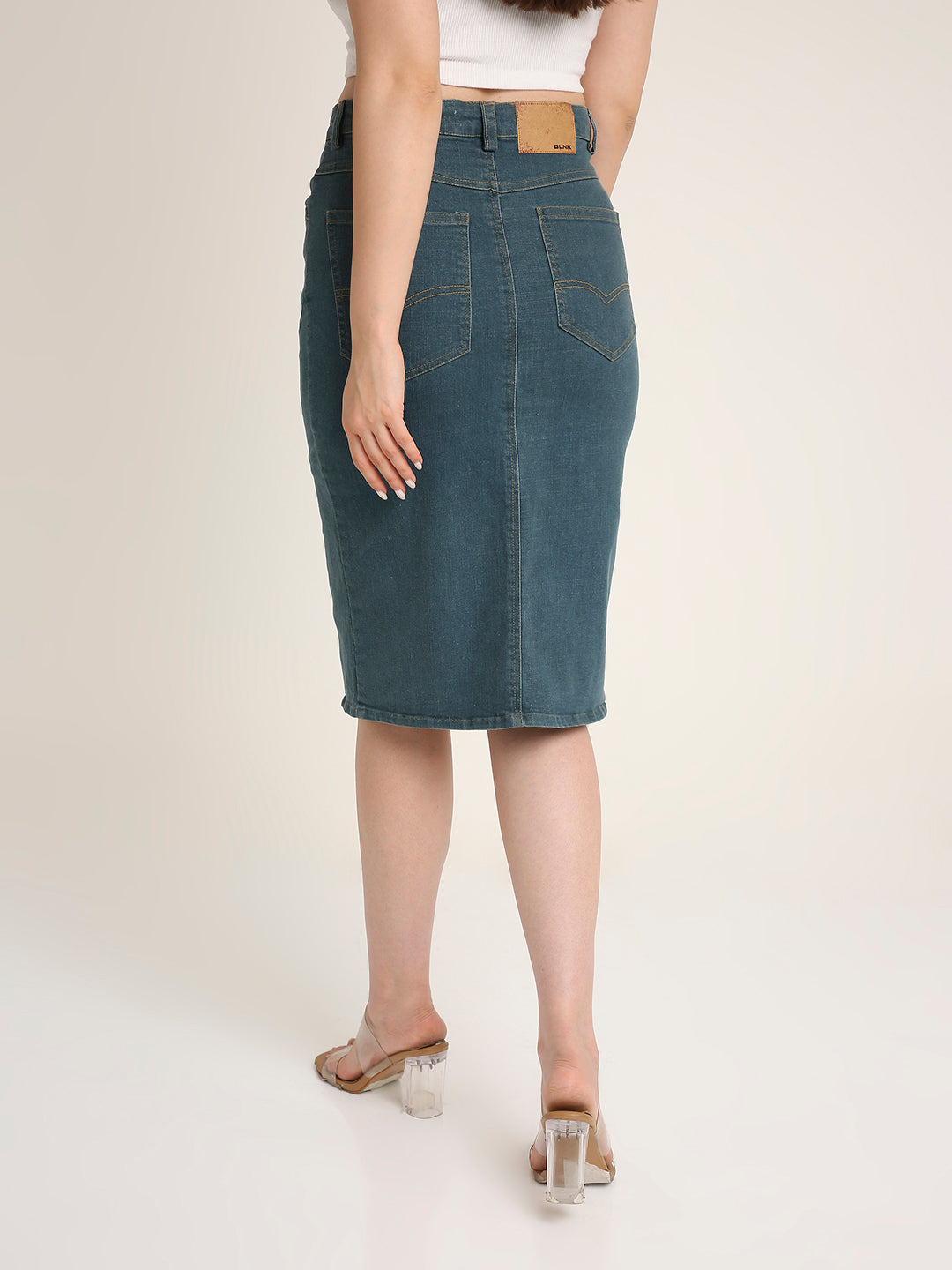 Denim Pencil Midi Skirt with Front Slit