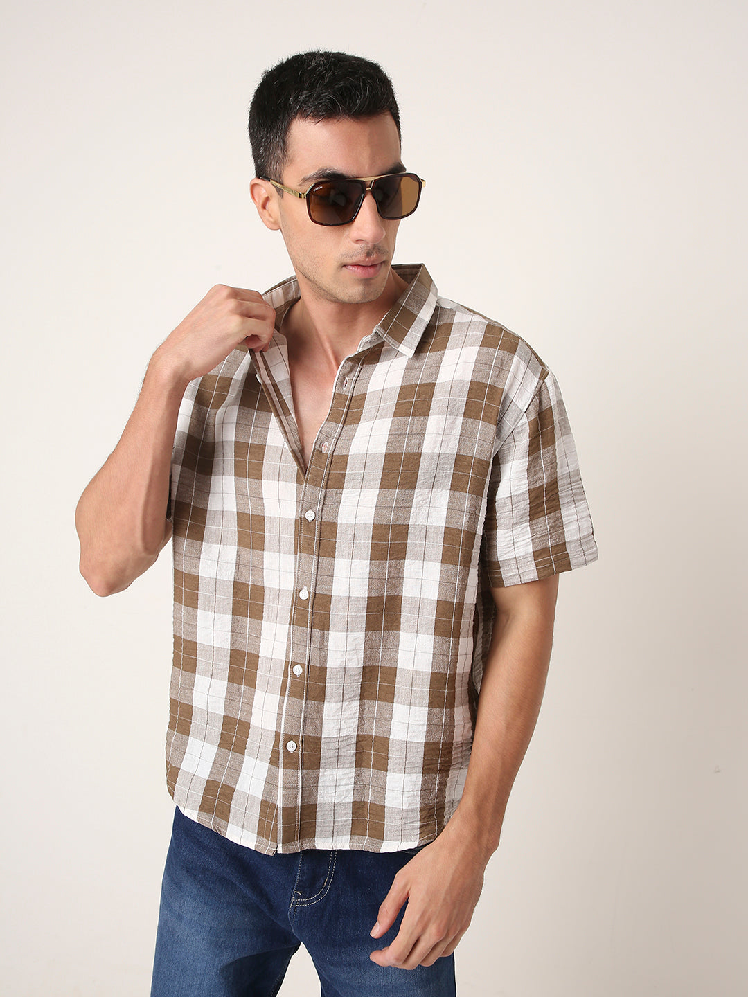 BROWN Checkered Short Sleeve Casual Shirt